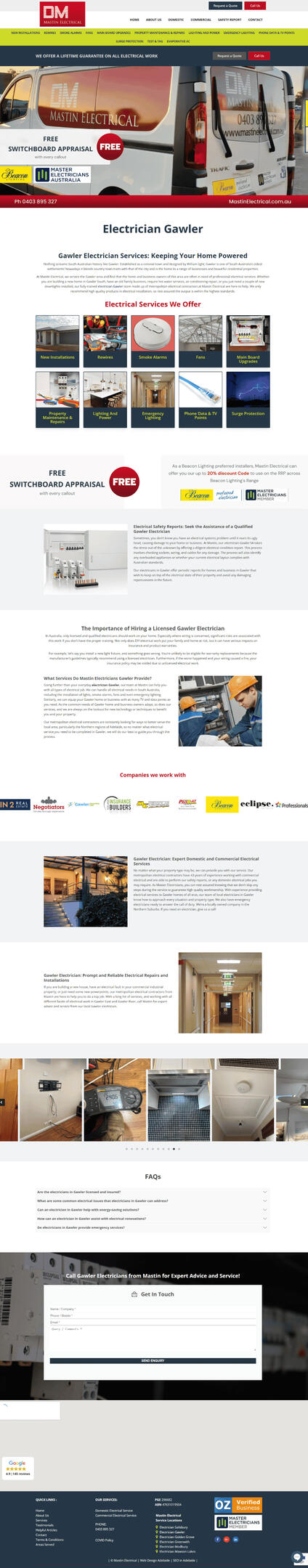 Mastin Electrical site screenshot - trusted electricians and electrical contractors for switchboards, wiring, and electrical installations in Gawler